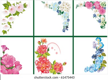 illustration with six floral corners on white background