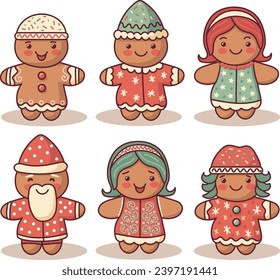 An illustration of six gingerbread people with different outfits and expressions. They are smiling and cheerful, and some of them have hearts on their chests