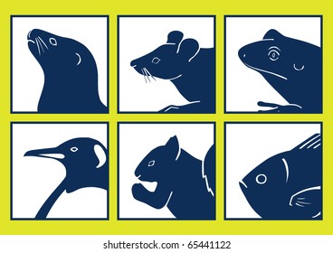 Illustration of six graphically reduced animal/pet icons