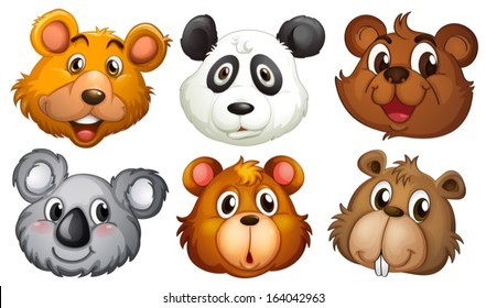 Illustration of the six heads of bears on a white background