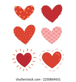 Ilustración de seis corazones con diferentes patrones, dibujo de San Valentín

