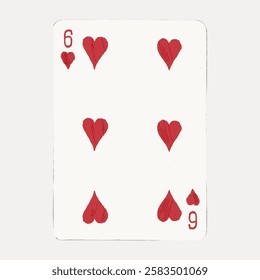 Illustration of a six of hearts playing card with red hearts. The card features six red hearts, arranged symmetrically. Classic playing card design. Valentine's Day illustration vector.