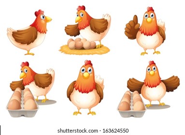 Illustration of the six hens on a white background