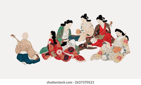 Illustration of six Japanese individuals in traditional attire, featuring colorful kimonos and musical instruments, depicting a cultural scene. Vintage art illustration vector.