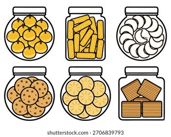 Ilustración de seis frascos llenos de varias galletas y golosinas, perfecto para temas de horneado o bocadillos.