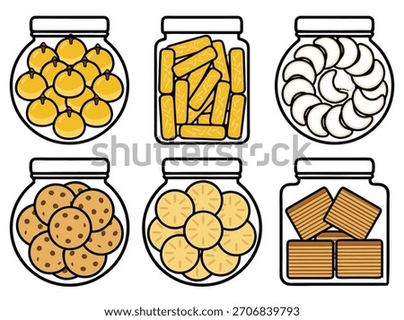 Illustration of six jars filled with various cookies and treats, perfect for baking or snack themes.