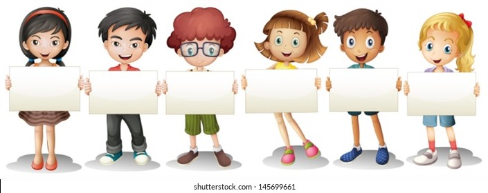 Illustration of the six kids with empty signages on a white background 