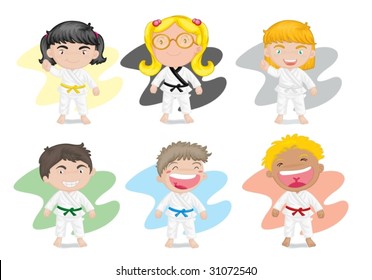 ilustración de seis niños jugando kung fu karate