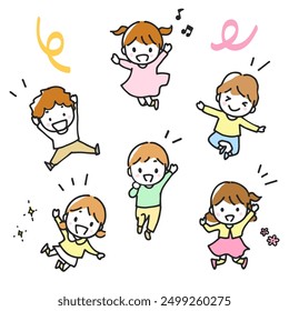 Illustration of six male and six female children jumping happily