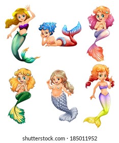 Illustration of  the six mermaids on a white background