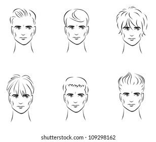 Illustration of the six options for men's hairstyles from the front.