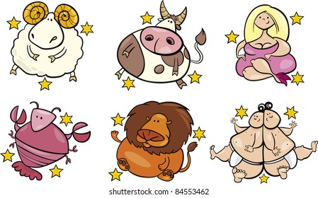 illustration of six overweight zodiac signs from april to september