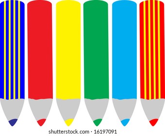 illustration of six pencils with several colors