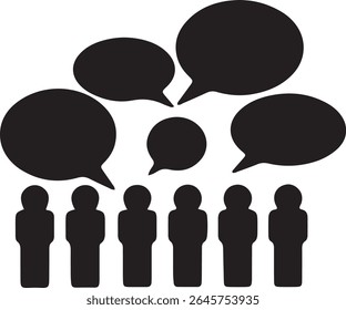 Illustration of six people in a group with various speech bubbles above them. Suggests communication, conversation, and dialogue within a community.