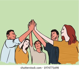 illustration of six people with raised hands.