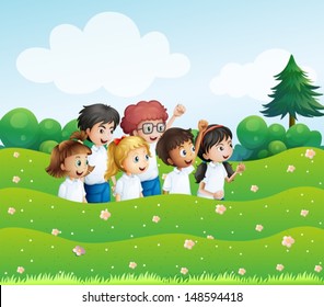 Illustration of the six playful kids at the hill