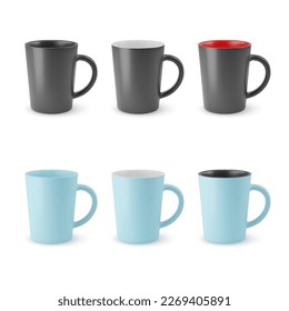 Illustration of Six Realistic Ceramic Coffee Cup or Tea Mug on a White Background. Isolated Mockup with Shadow Effect, and Copy Space for Your Design