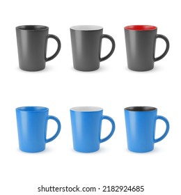 Illustration of Six Realistic Empty Ceramic Coffee Cup on a White Background. Isolated Mockup with Shadow Effect, and Copy Space for Your Design