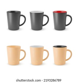 Illustration of Six Realistic Empty Ceramic Coffee Cup or Tea Mug on a White Background. Mockup with Shadow Effect, and Copy Space for Your Design. For Web Design, and Printing