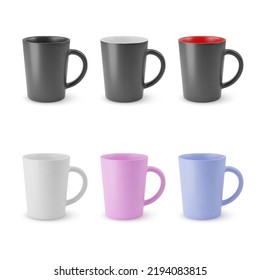 Illustration of Six Realistic Empty Ceramic Coffee Cup or Tea Mug on a White Backdrop. Mockup with Shadow Effect, and Copy Space for Your Design. For Web Design, and Printing