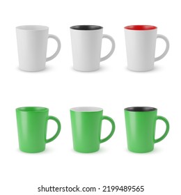 Illustration of Six Realistic Empty Ceramic Coffee Cup or Tea Mug on a White Backdrop. Mockup with Shadow Effect, for Web Design, and Printing
