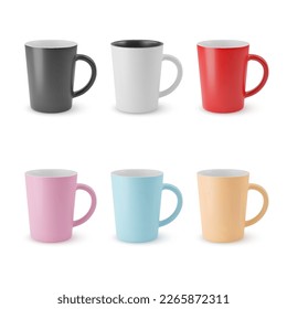 Illustration of Six Realistic Empty Ceramic Coffee Cup on a White. Mockup with Shadow Effect, and Copy Space for Your Design. For Web Design, and Printing