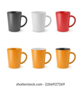 Illustration of Six Realistic Empty Ceramic Coffee Cup or Tea Mug. Mockup with Shadow Effect, for Web Design, and Printing on a White Background