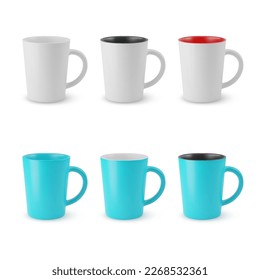 Illustration of Six Realistic Empty Ceramic Tea Mug on a White Backdrop. Mockup with Shadow Effect, and Copy Space for Your Design. For Web Design, and Printing