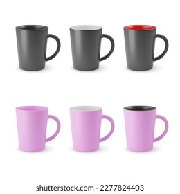 Illustration of Six Realistic Empty Ceramic Coffee Cup or Tea Mug on a White Backdrop. Isolated Mockup with Shadow Effect, and Copy Space for Your Design. Kitchen Symbol, Cafe, Tea Time Decoration