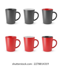 Illustration of Six Realistic Empty Ceramic Coffee Cup or Tea Mug on a White. Isolated Mockup with Shadow Effect, and Copy Space for Your Design