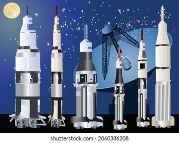 illustration with six rockets on blue space background