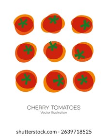 Illustration of six rolling red drop tomatoes