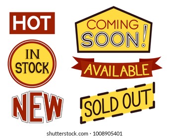 Illustration of Six Sale Labels Design Elements. Hot, Coming Soon, In Stock, Available, New and Sold Out