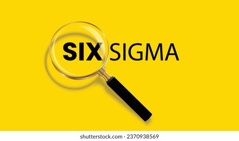 Ilustración de la tipografía con letras de palabras de Six Sigma con vidrio de aumento que amplía la palabra Six Sigma sobre fondo amarillo aislado