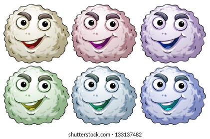 Illustration of the six smiling heads on a white background