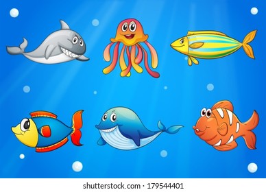 Illustration of the six smiling sea creatures under the deep sea