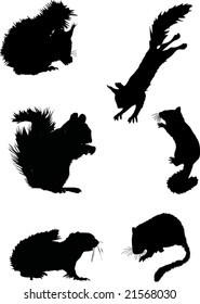 illustration with six squirrel silhouettes isolated on white background