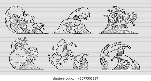 Illustration of six stylized ocean waves. Each wave features unique, intricate designs. The waves are drawn in a classic, artistic style, emphasizing movement. Nature illustrations, vector set.