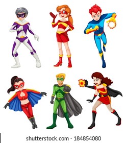 Illustration of the six superheroes on a white background