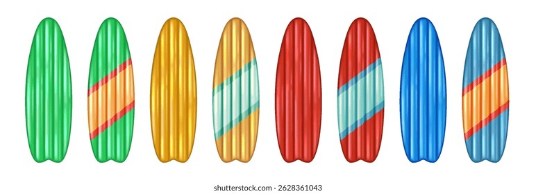 Ilustração de seis pranchas de surfe em cores vibrantes e padrões em fundo branco. Cada placa apresenta listras e sombras únicas, mostrando uma mistura de criatividade e vibração de verão, projetos temáticos de praia