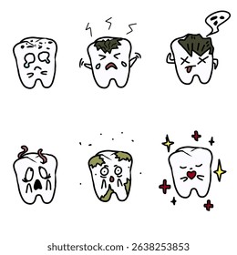 An illustration of six teeth with various expressions, showing conditions from decayed, painful, dirty teeth to a healthy and clean one.