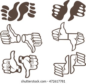 Illustration of six thumb up/down stylized symbols 