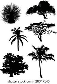 illustration with six tree silhouettes isolated on white background