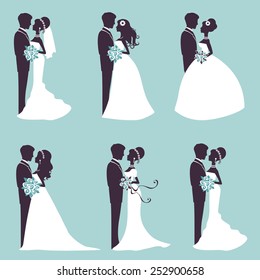 Illustration of Six wedding couples in silhouette in vector format