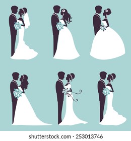 Illustration of Six wedding couples in silhouette in vector format