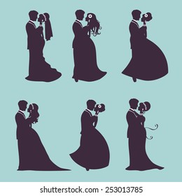 Illustration of Six wedding couples in silhouette in vector format