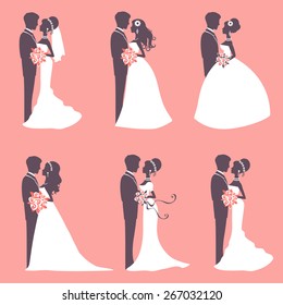 Illustration of Six wedding couples in silhouette in vector format