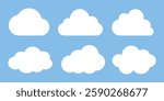 Illustration of six white clouds on a blue background. Simple cloud shapes, white clouds in a row, fluffy clouds on blue. Perfect for weather-themed designs. Weather illustration, vector set.