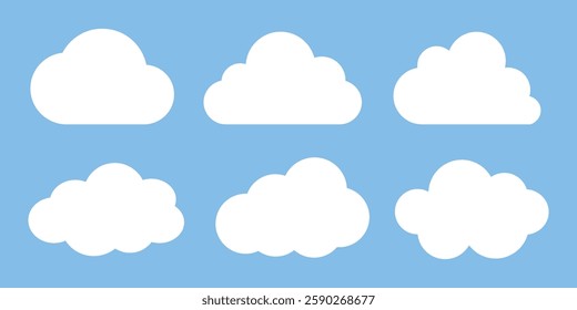 Illustration of six white clouds on a blue background. Simple cloud shapes, white clouds in a row, fluffy clouds on blue. Perfect for weather-themed designs. Weather illustration, vector set.