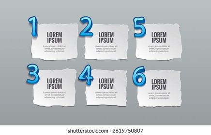 Ilustración de seis pedazos de papel rasgados blancos dispuestos en filas con números azules.